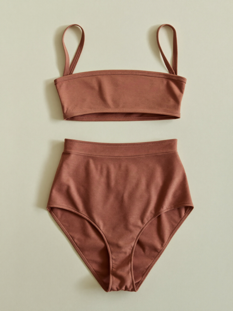Biquíni terracota com top faixa e calcinha hot pant de cintura alta