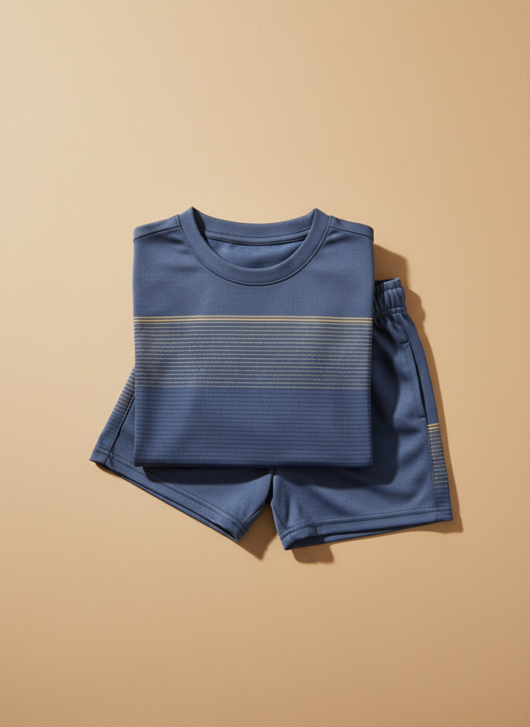Conjunto esportivo infantil azul marinho com detalhe dourado, da Friburgo Fashion Hub
