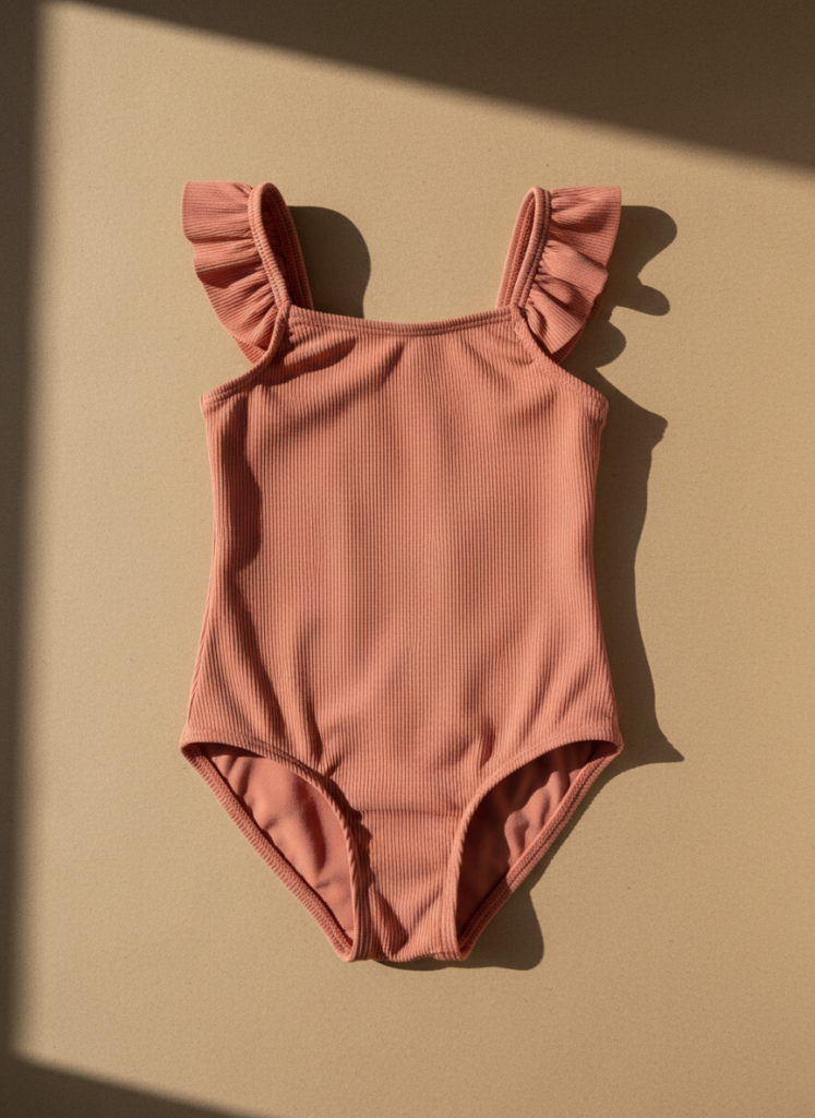Maiô infantil coral com babado no ombro, da Friburgo Fashion Hub