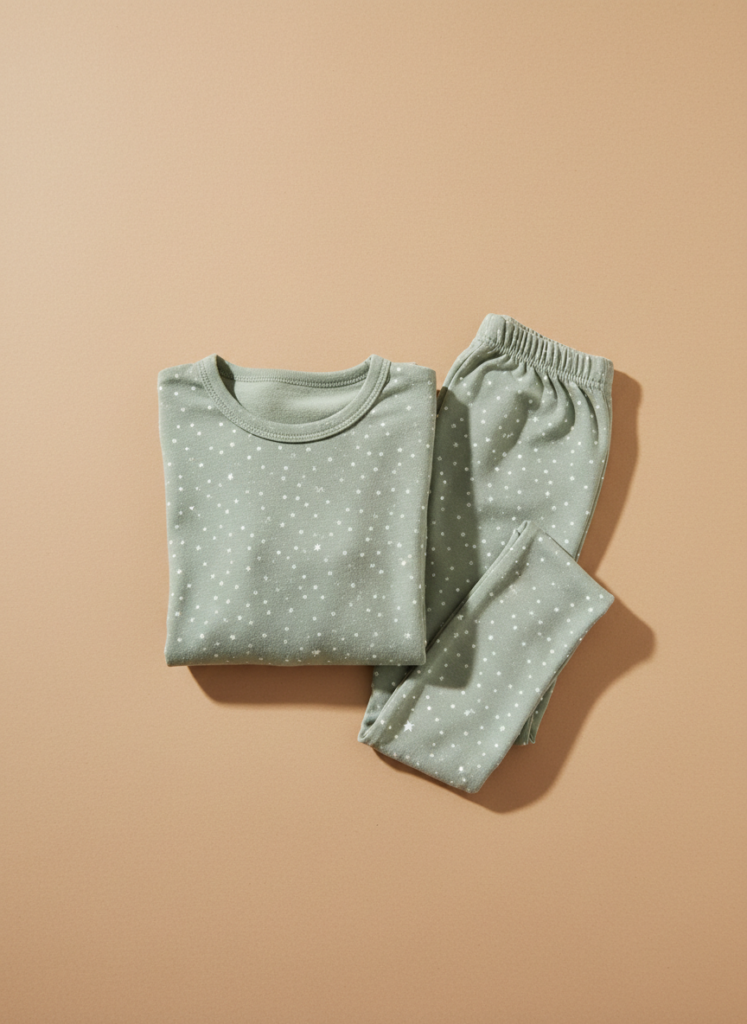 Conjunto de pijama infantil em algodão verde sálvia com estampa de estrelas, da Friburgo Fashion Hub